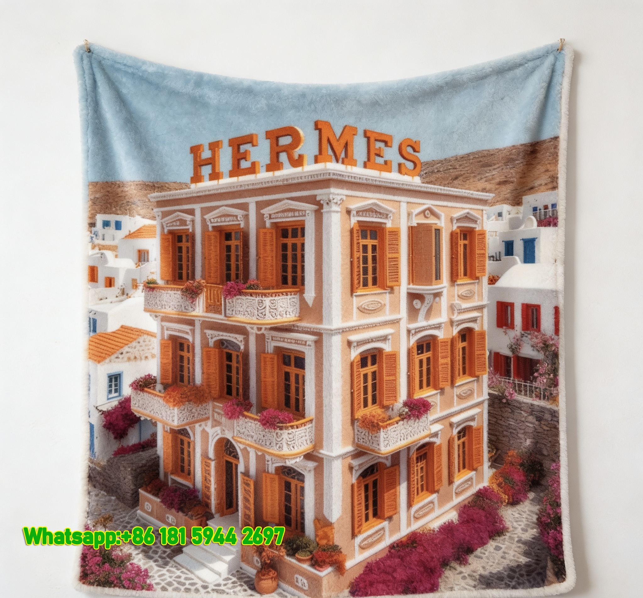 Luxury Hermès Santorini Orange Mansion Bougainvillea Print Flannel Throw Blanket IMG_5185
